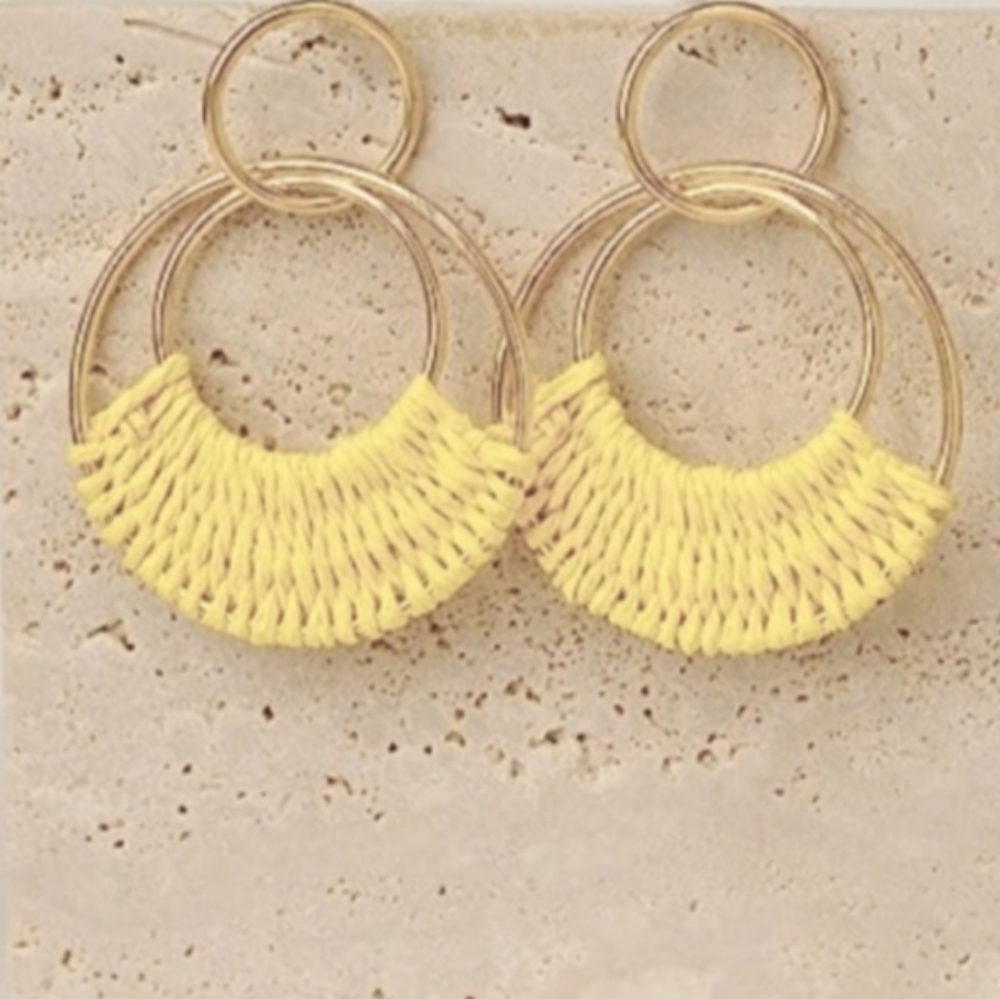 Light Yellow Woven Raffia Gold Hoop Earrings Wicker Hoops Links Post Style New